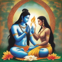 Blessed by Lord Shiva, creating an artwork showcasing a spiritual scene of a person receiving blessings from Shiva in a serene, divine environment with Shiva in his iconic tranquil pose.