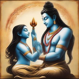 Blessed by Lord Shiva, creating an artwork showcasing a spiritual scene of a person receiving blessings from Shiva in a serene, divine environment with Shiva in his iconic tranquil pose.