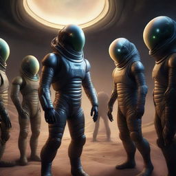 Hyper realistic depiction of a person in a state-of-the-art spacesuit welcoming a group of intriguing reptilian-like aliens, under the unearthly glow of an alien planet.