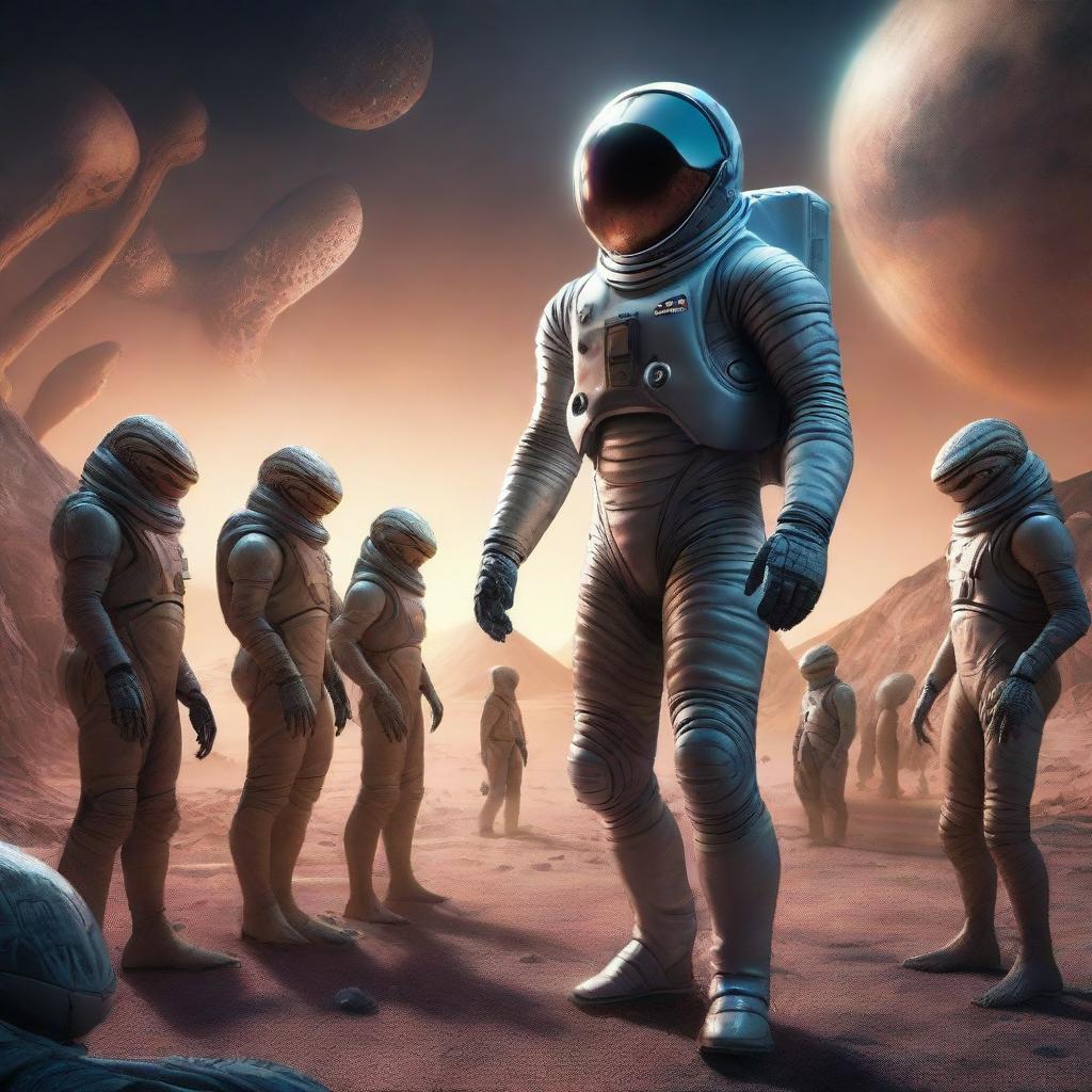 Hyper realistic depiction of a person in a state-of-the-art spacesuit welcoming a group of intriguing reptilian-like aliens, under the unearthly glow of an alien planet.