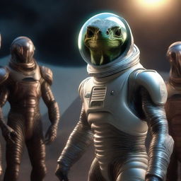 Hyper realistic depiction of a person in a state-of-the-art spacesuit welcoming a group of intriguing reptilian-like aliens, under the unearthly glow of an alien planet.