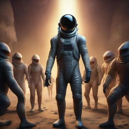 Hyper realistic depiction of a person in a state-of-the-art spacesuit welcoming a group of intriguing reptilian-like aliens, under the unearthly glow of an alien planet.