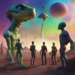 An ultra-realistic scene of a human standing on an alien landscape, welcoming a group of exotic reptilian aliens with a friendly gesture, under the multicolored sky of their home planet.