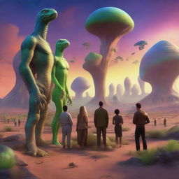 An ultra-realistic scene of a human standing on an alien landscape, welcoming a group of exotic reptilian aliens with a friendly gesture, under the multicolored sky of their home planet.