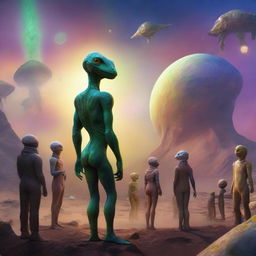 An ultra-realistic scene of a human standing on an alien landscape, welcoming a group of exotic reptilian aliens with a friendly gesture, under the multicolored sky of their home planet.