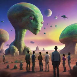 An ultra-realistic scene of a human standing on an alien landscape, welcoming a group of exotic reptilian aliens with a friendly gesture, under the multicolored sky of their home planet.