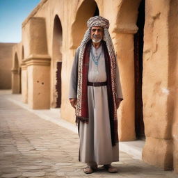 An elderly Libyan man clothed in traditional Libyan attire, portraying a deep sense of culture and history.