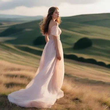 The scene was beautifully filmed with the actress standing on a hill, her dress gently billowing in the gentle breeze, creating a picturesque cinematic moment.