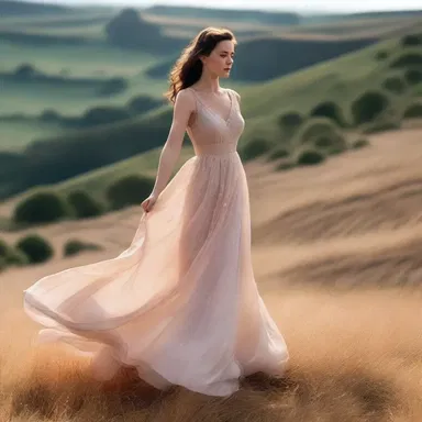 The scene was beautifully filmed with the actress standing on a hill, her dress gently billowing in the gentle breeze, creating a picturesque cinematic moment.