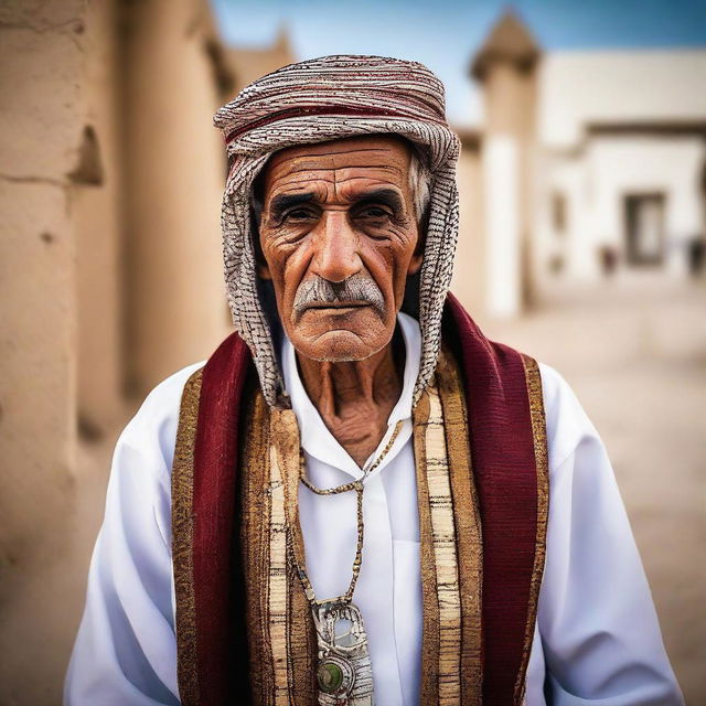 An elderly Libyan man clothed in traditional Libyan attire, portraying a deep sense of culture and history.