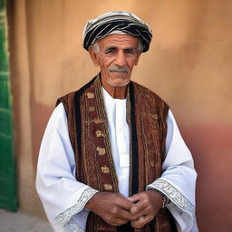 An elderly Libyan man clothed in traditional Libyan attire, portraying a deep sense of culture and history.