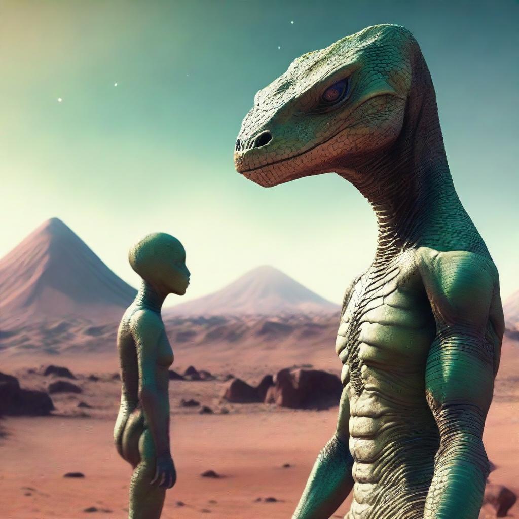 An extraterrestrial encounter as a reptilian alien meets with a human, both showing signs of curiosity, fascination, and mutual respect against the backdrop of an alien landscape.