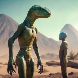 An extraterrestrial encounter as a reptilian alien meets with a human, both showing signs of curiosity, fascination, and mutual respect against the backdrop of an alien landscape.