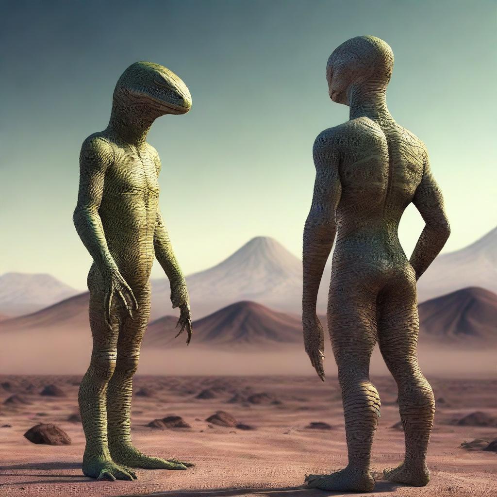 An extraterrestrial encounter as a reptilian alien meets with a human, both showing signs of curiosity, fascination, and mutual respect against the backdrop of an alien landscape.