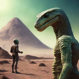 An extraterrestrial encounter as a reptilian alien meets with a human, both showing signs of curiosity, fascination, and mutual respect against the backdrop of an alien landscape.