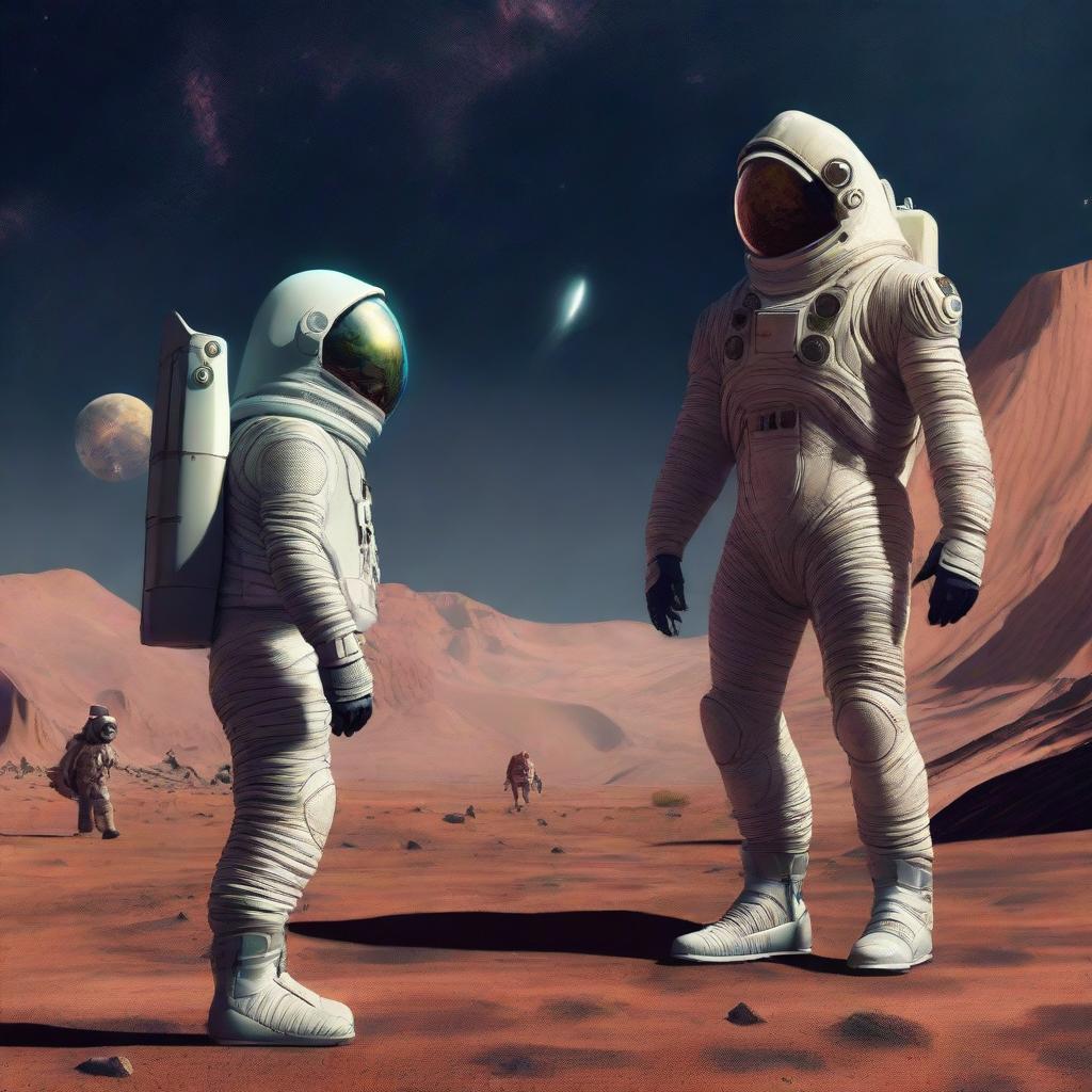 A human astronaut in a spacesuit, standing on an alien planet next to a reptilian alien, both looking at each other with curiosity and understanding, forming an unprecedented intergalactic alliance.