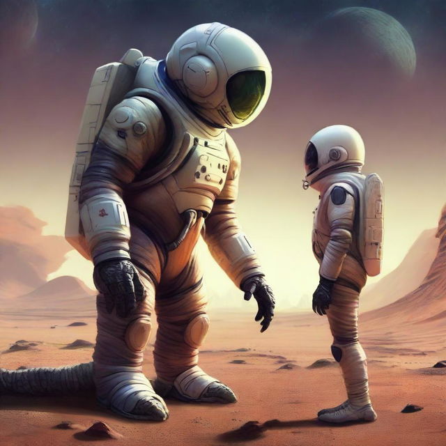 A human astronaut in a spacesuit, standing on an alien planet next to a reptilian alien, both looking at each other with curiosity and understanding, forming an unprecedented intergalactic alliance.