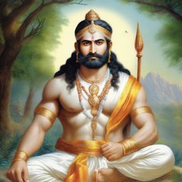 A majestic, serene portrait of Bhagwan Ram in traditional attire, bows and arrows in hand, with a radiant aura in a peaceful, heavenly setting.