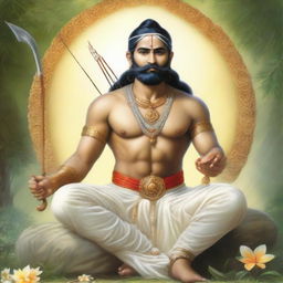 A majestic, serene portrait of Bhagwan Ram in traditional attire, bows and arrows in hand, with a radiant aura in a peaceful, heavenly setting.