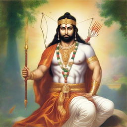 A majestic, serene portrait of Bhagwan Ram in traditional attire, bows and arrows in hand, with a radiant aura in a peaceful, heavenly setting.