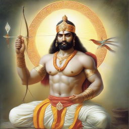 A majestic, serene portrait of Bhagwan Ram in traditional attire, bows and arrows in hand, with a radiant aura in a peaceful, heavenly setting.