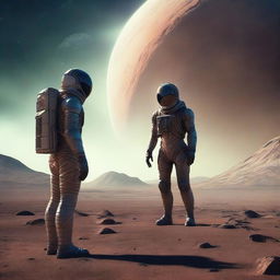 A mysterious and captivating scene portraying an alien encounter, where a human astronaut comes face-to-face with a fascinating extraterrestrial being on an unexplored alien planet.