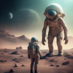 A mysterious and captivating scene portraying an alien encounter, where a human astronaut comes face-to-face with a fascinating extraterrestrial being on an unexplored alien planet.