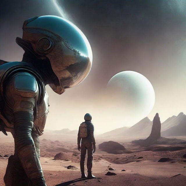 A mysterious and captivating scene portraying an alien encounter, where a human astronaut comes face-to-face with a fascinating extraterrestrial being on an unexplored alien planet.