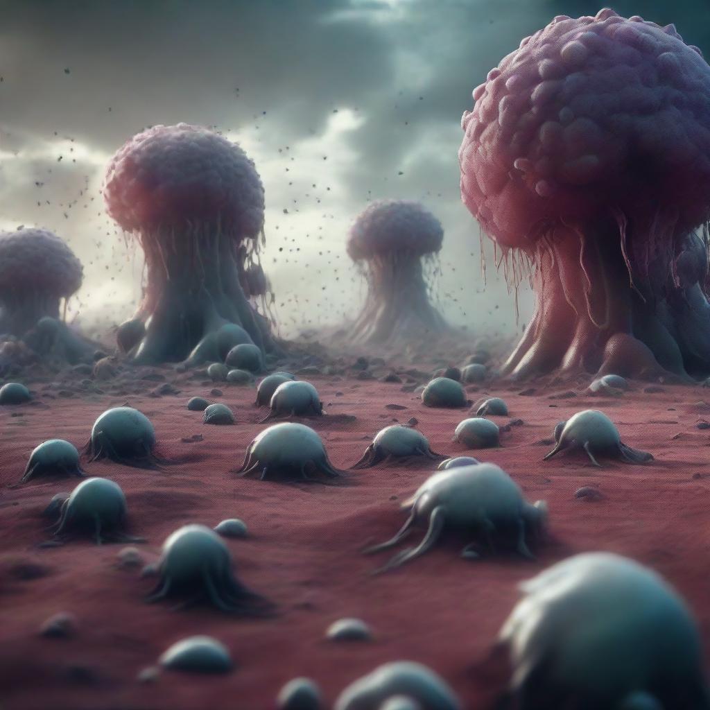 Render a chaotic yet fascinating scene of a microorganisms apocalypse, showcasing giant bacteria and viruses dominating a desolate landscape.