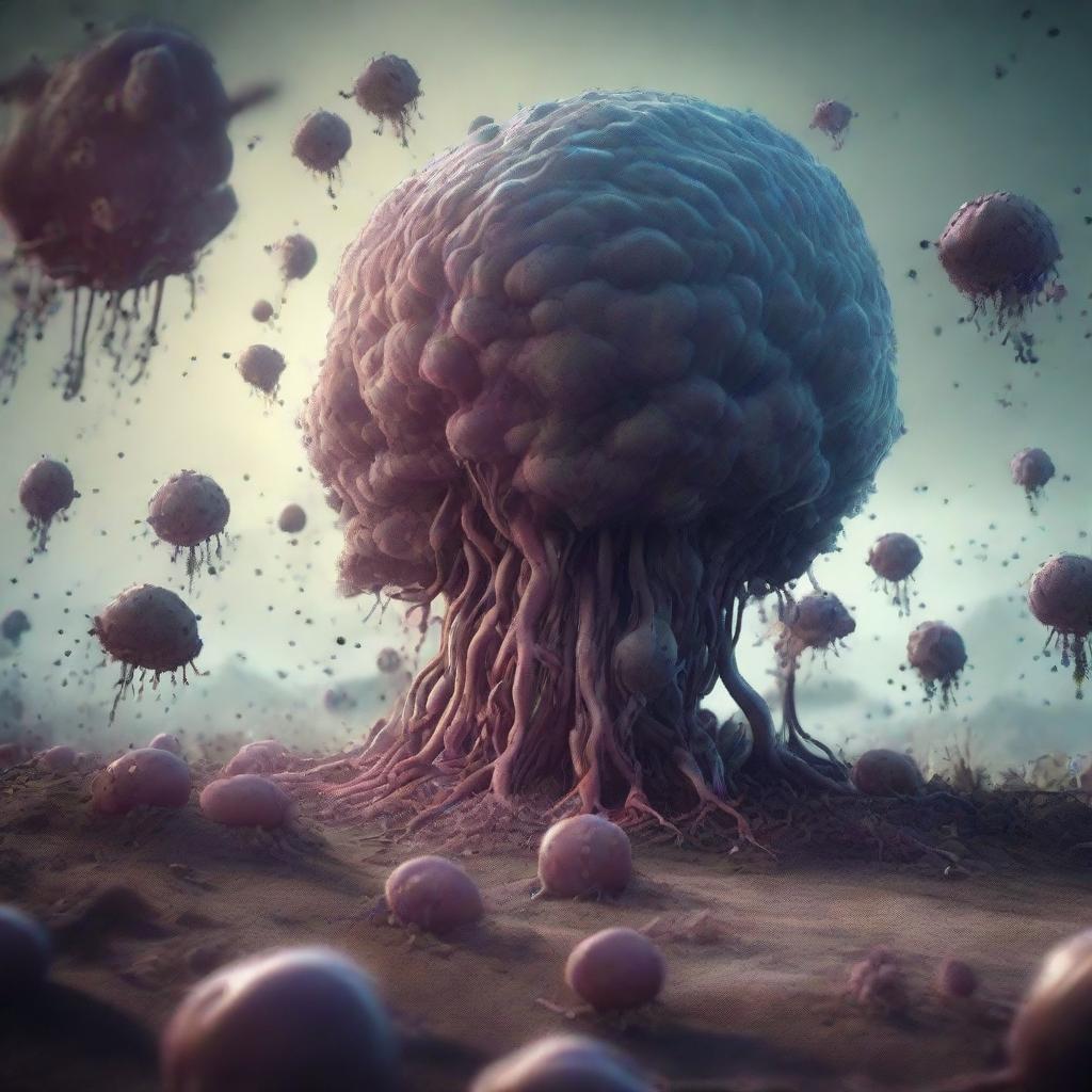 Render a chaotic yet fascinating scene of a microorganisms apocalypse, showcasing giant bacteria and viruses dominating a desolate landscape.