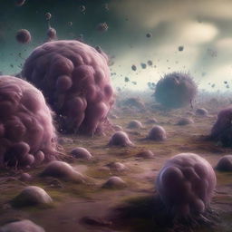 Render a chaotic yet fascinating scene of a microorganisms apocalypse, showcasing giant bacteria and viruses dominating a desolate landscape.