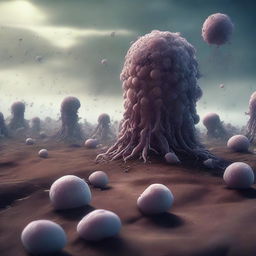 Render a chaotic yet fascinating scene of a microorganisms apocalypse, showcasing giant bacteria and viruses dominating a desolate landscape.