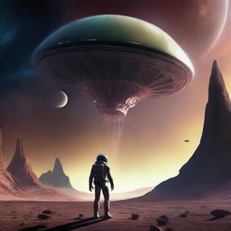 A thrilling depiction of an alien encounter, with a human astronaut standing before an imposing, technologically superior alien spaceship, facing an intriguing extraterrestrial being under the unearthly glow of an alien sky.