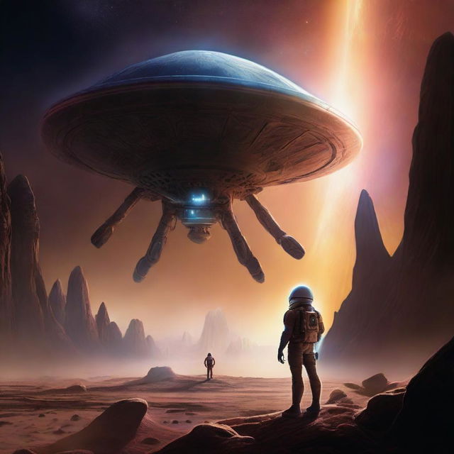 A thrilling depiction of an alien encounter, with a human astronaut standing before an imposing, technologically superior alien spaceship, facing an intriguing extraterrestrial being under the unearthly glow of an alien sky.