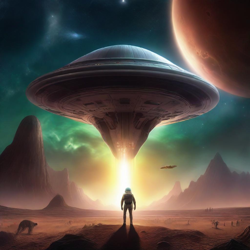 A thrilling depiction of an alien encounter, with a human astronaut standing before an imposing, technologically superior alien spaceship, facing an intriguing extraterrestrial being under the unearthly glow of an alien sky.