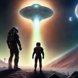 A thrilling depiction of an alien encounter, with a human astronaut standing before an imposing, technologically superior alien spaceship, facing an intriguing extraterrestrial being under the unearthly glow of an alien sky.