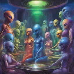 An assortment of diverse alien breeds, each unique in form and color, gather together in a grand cosmic council, engaging in a deep, intergalactic discussion amidst an atmospheric, high-tech chamber.