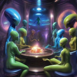 An assortment of diverse alien breeds, each unique in form and color, gather together in a grand cosmic council, engaging in a deep, intergalactic discussion amidst an atmospheric, high-tech chamber.