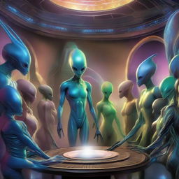 An assortment of diverse alien breeds, each unique in form and color, gather together in a grand cosmic council, engaging in a deep, intergalactic discussion amidst an atmospheric, high-tech chamber.