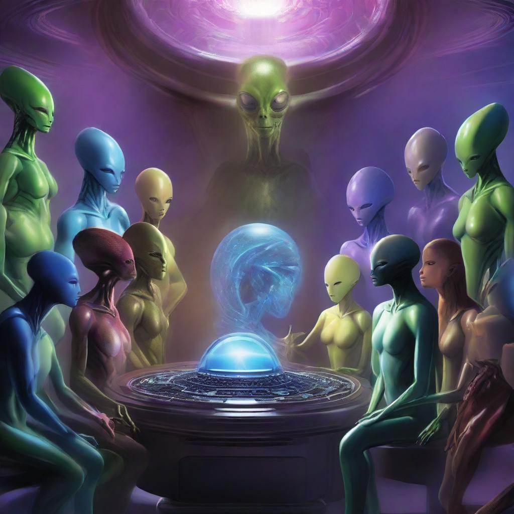 An assortment of diverse alien breeds, each unique in form and color, gather together in a grand cosmic council, engaging in a deep, intergalactic discussion amidst an atmospheric, high-tech chamber.