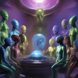 An assortment of diverse alien breeds, each unique in form and color, gather together in a grand cosmic council, engaging in a deep, intergalactic discussion amidst an atmospheric, high-tech chamber.