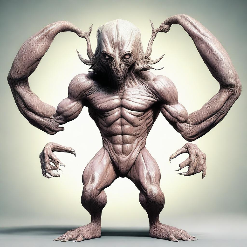 An image of an extraterrestrial creature with four muscular arms, covered in thick, unruly hair. Its eyes are curious and its complex facial expressions suggest intelligence and sophistication.