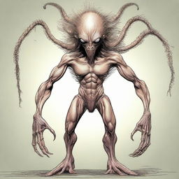 An image of an extraterrestrial creature with four muscular arms, covered in thick, unruly hair. Its eyes are curious and its complex facial expressions suggest intelligence and sophistication.