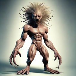 An image of an extraterrestrial creature with four muscular arms, covered in thick, unruly hair. Its eyes are curious and its complex facial expressions suggest intelligence and sophistication.