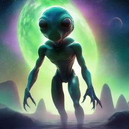 A celestial rendition of an amphibious alien with sleek, scale-covered skin and large, luminescent eyes gazing in awe as a human spaceship descends in its planet's serene, alien sky.