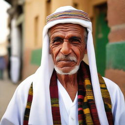 An elderly Libyan man dressed in typical Libyan attire. He is donned in a traditional Jellabiya, a flowing white robe, complemented by a colorful vest and Tasira, the trademark Libyan cap.