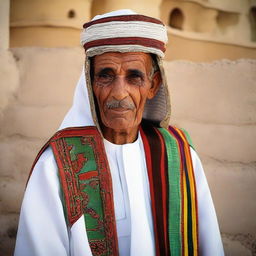 An elderly Libyan man dressed in typical Libyan attire. He is donned in a traditional Jellabiya, a flowing white robe, complemented by a colorful vest and Tasira, the trademark Libyan cap.