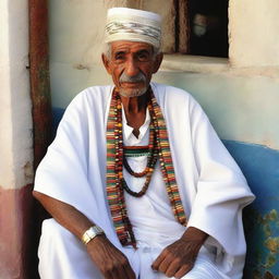 An elderly Libyan man dressed in typical Libyan attire. He is donned in a traditional Jellabiya, a flowing white robe, complemented by a colorful vest and Tasira, the trademark Libyan cap.