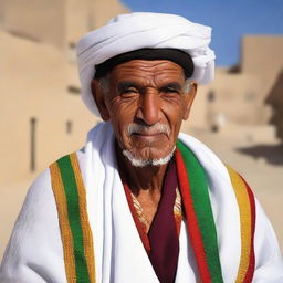 An elderly Libyan man dressed in typical Libyan attire. He is donned in a traditional Jellabiya, a flowing white robe, complemented by a colorful vest and Tasira, the trademark Libyan cap.