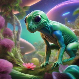 A hyperrealistic image of an alien creature that resembles an amphibian, from Earth's tropics, standing among vibrantly colored, extraterrestrial plants, and looking curiously at a spaceship descending from the alien sky.